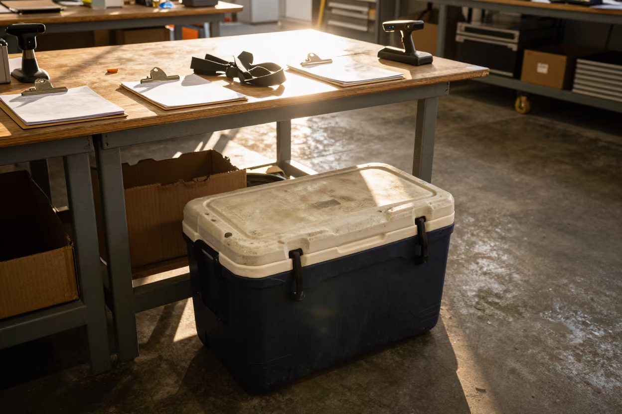 Last-mile cooler tote charger in Devonport warehouse in inside a warehouse aisle in Devonport, Auckland