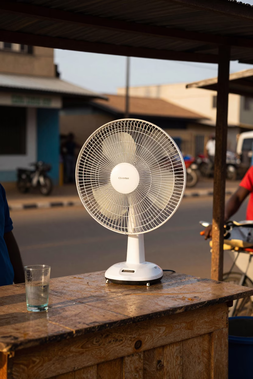 Late Afternoon Accra Street Scene with Fan and Glass Carafe in Ghana in in Accra, Ghana