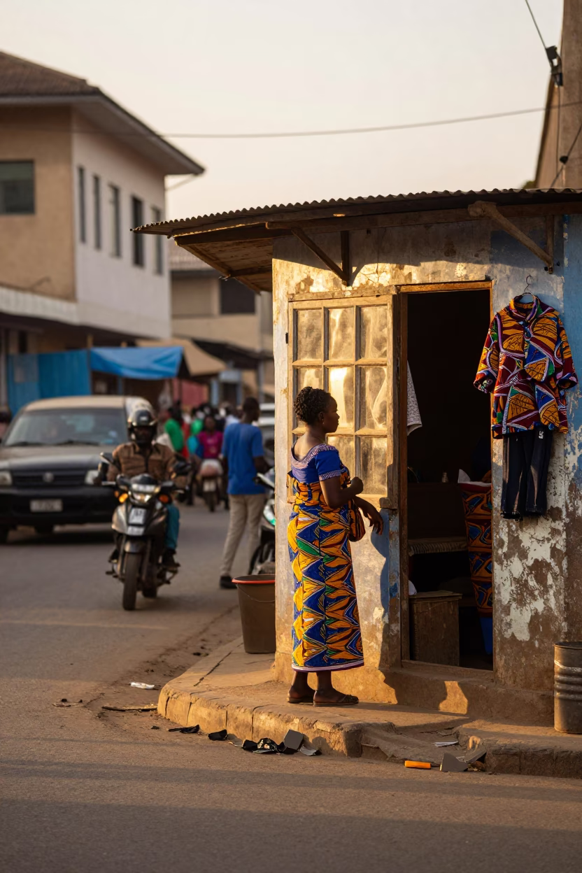Late Afternoon Accra Street Scene with Window Light and Local Market Activity in in Accra, Ghana