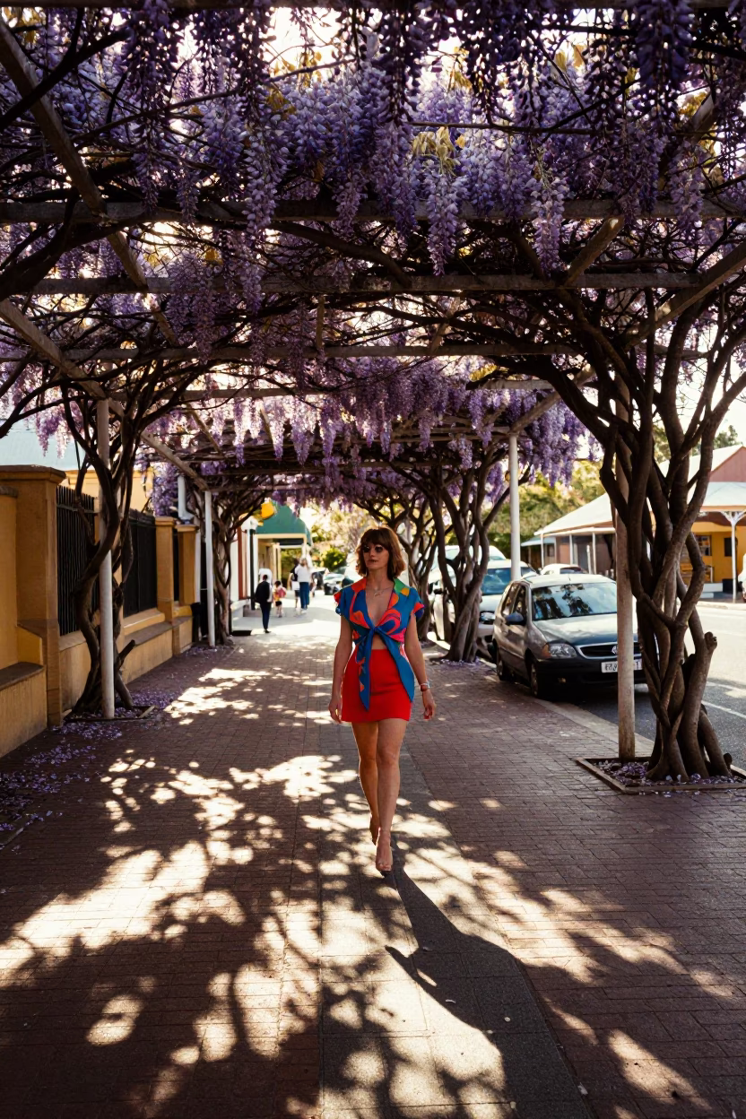 Late Afternoon Adelaide Street Scene with Wisteria Tunnel and Vintage Fashion in in Adelaide, South Australia, Australia
