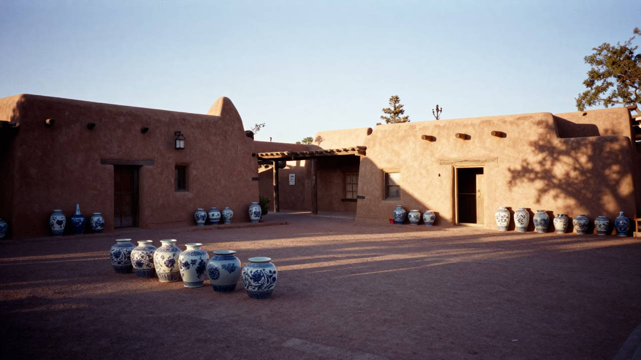 Late Afternoon Adobe Plaza Scene with Porcelain Jars and Santa Fe Architecture in in Santa Fe, New Mexico, United States