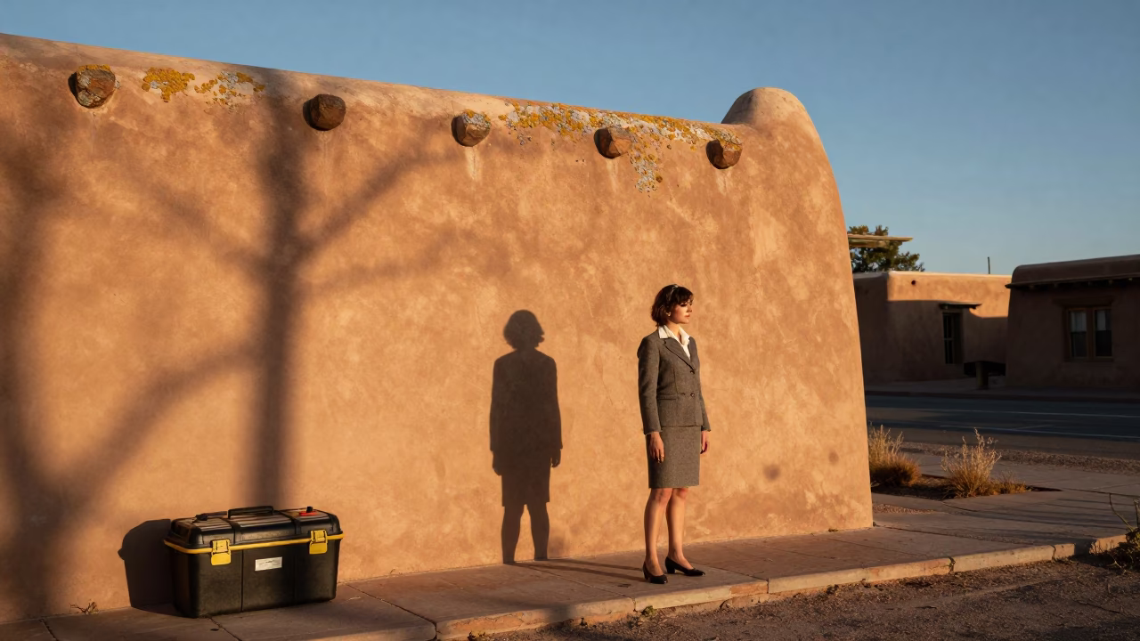 Late Afternoon Adobes Santa Fe New Mexico with Toolbox and Lichen Parapets in in Santa Fe, New Mexico, United States