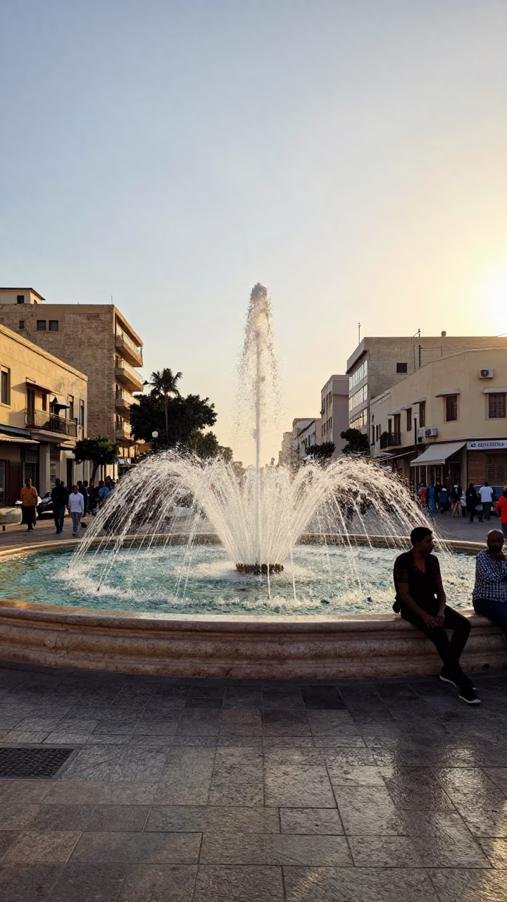 Late Afternoon Alexandria Egypt Street Scene with Fountain Spray and Historic Architecture in in Alexandria, Egypt