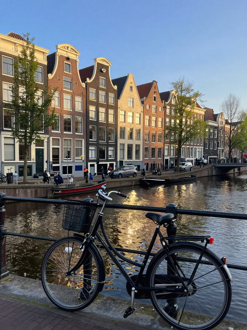 Late Afternoon Amsterdam Canal Scene with Bicycle and String Lights in in Amsterdam, Netherlands