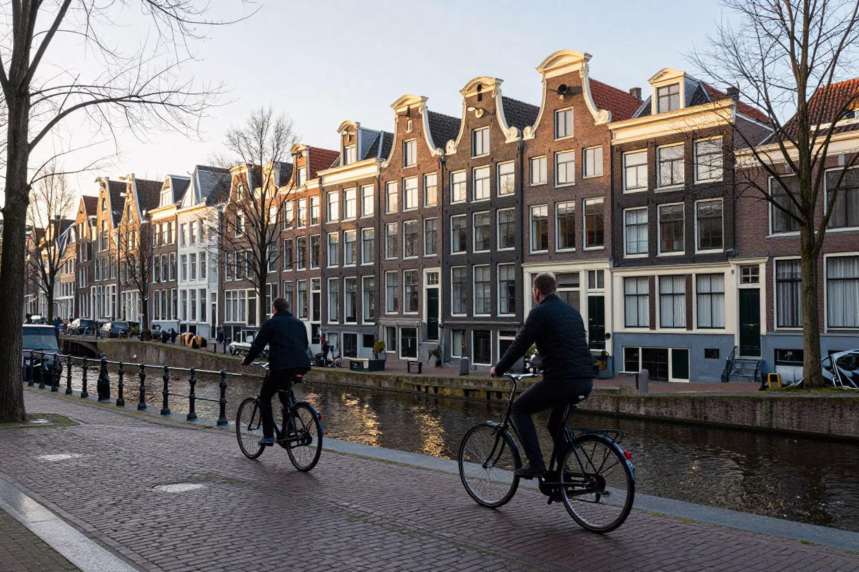 Late Afternoon Amsterdam Canal Scene with Cyclist Passing Traditional Dutch House in in Amsterdam, Netherlands