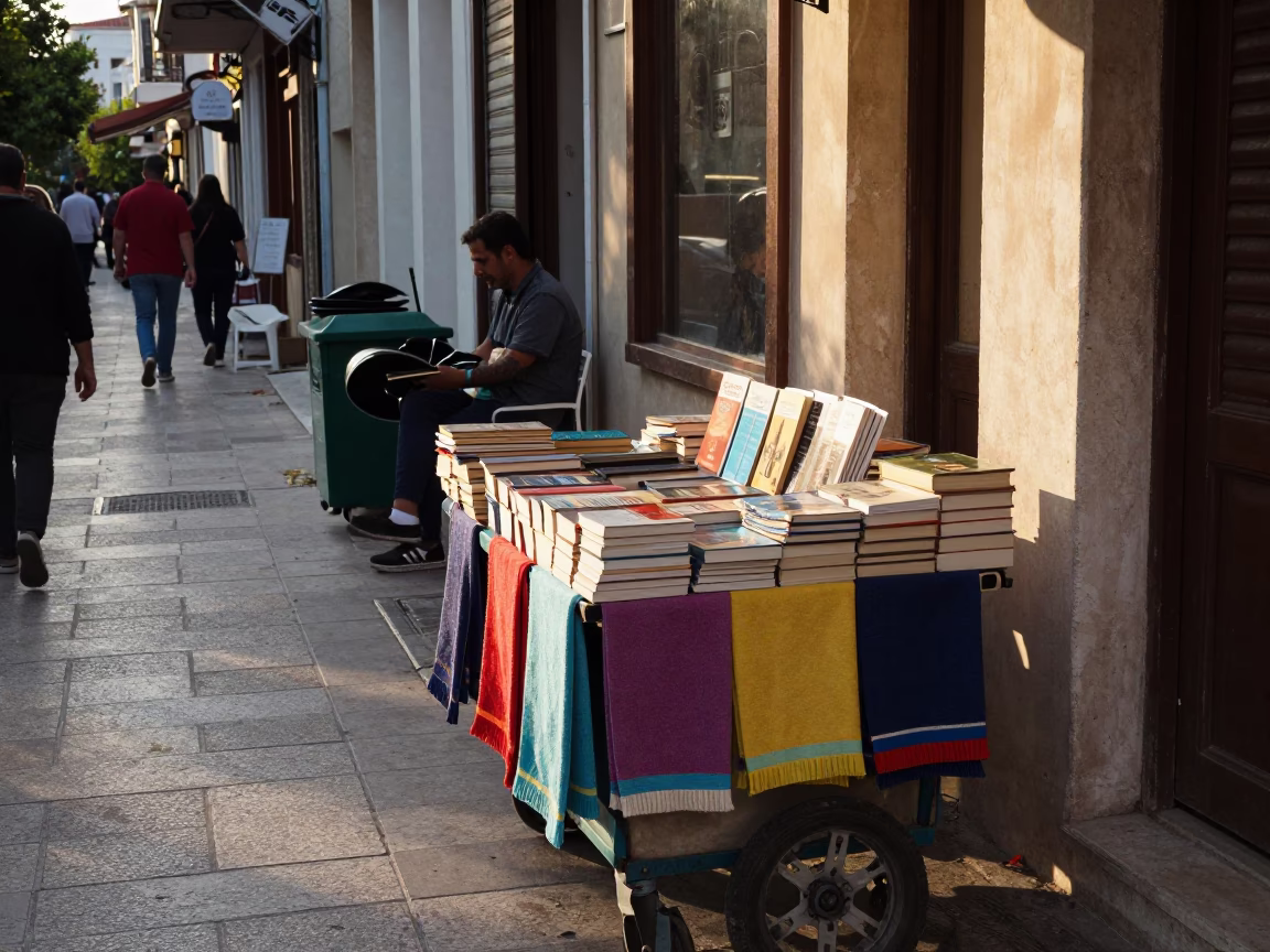 Late Afternoon Athens Street Scene with Books and Dish Towels in Greece in in Athens, Greece