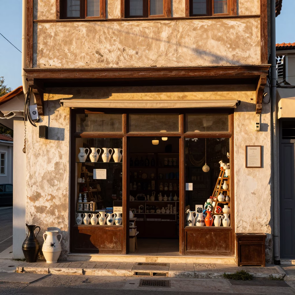 Late Afternoon Athens Street Scene with Ceramic Pitcher and Rusty Drawer Pull in in Athens, Greece