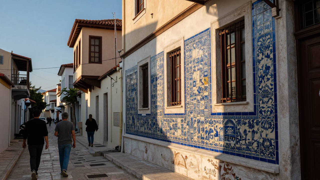 Late Afternoon Athens Street Scene with Ceramic Tile Details and Brass Accents in in Athens, Greece