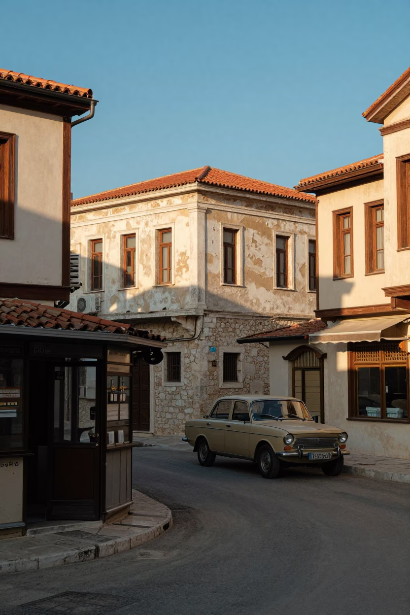 Late Afternoon Athens Street Scene with Classic Car and Local Market Goods in in Athens, Greece