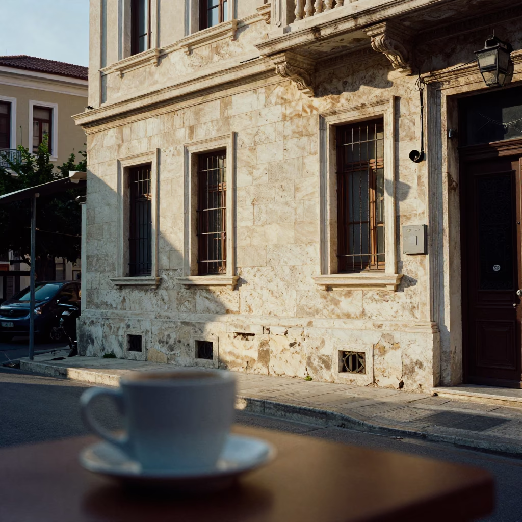 Late Afternoon Athens Street Scene with Coffee Mug and Stone Architecture in in Athens, Greece