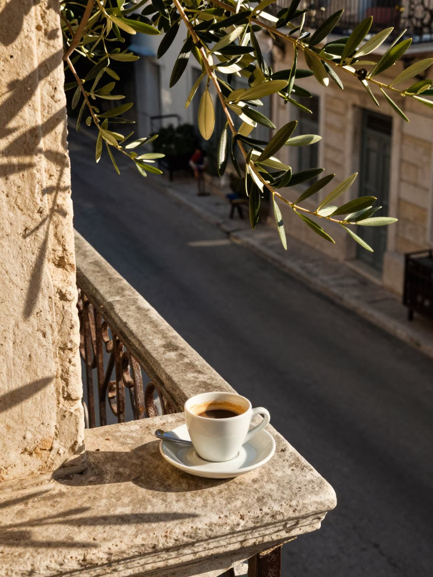 Late Afternoon Athens Street Scene with Olive Branch and Espresso Cup in in Athens, Greece