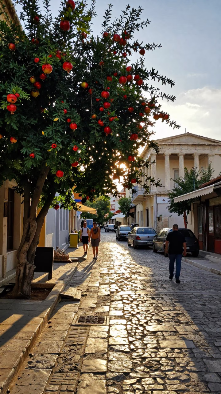 Late Afternoon Athens Street Scene with Pomegranate Tree and Traditional Cafe in in Athens, Greece