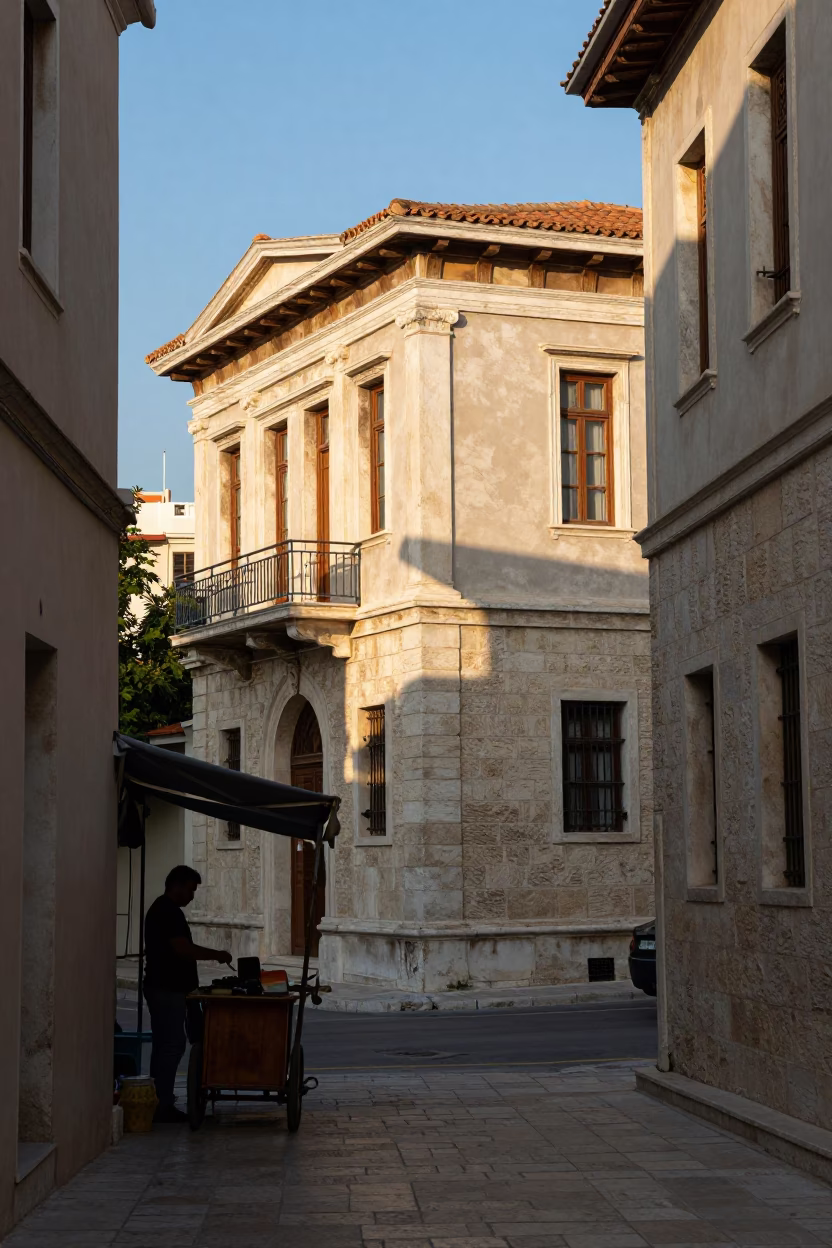 Late Afternoon Athens Street Scene with Stone Architecture and Local Vendors in in Athens, Greece