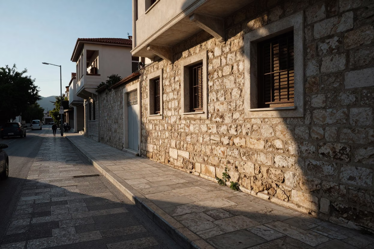 Late Afternoon Athens Street Scene with Stone Walls and Palm Trees in in Athens, Greece