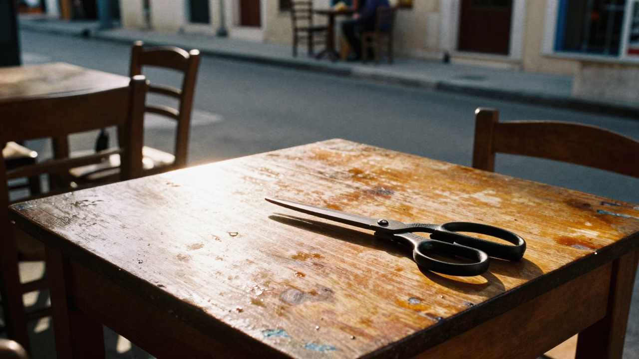 Late Afternoon Athens Street Scene with Tailor Shears and Kettle in Traditional Cafe in in Athens, Greece