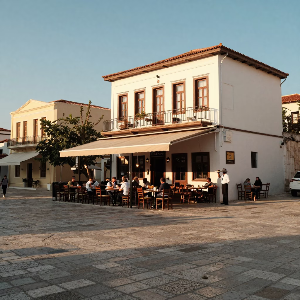 Late Afternoon Athens Street Scene with Traditional Cafe and Ceramic Bowl in in Athens, Greece