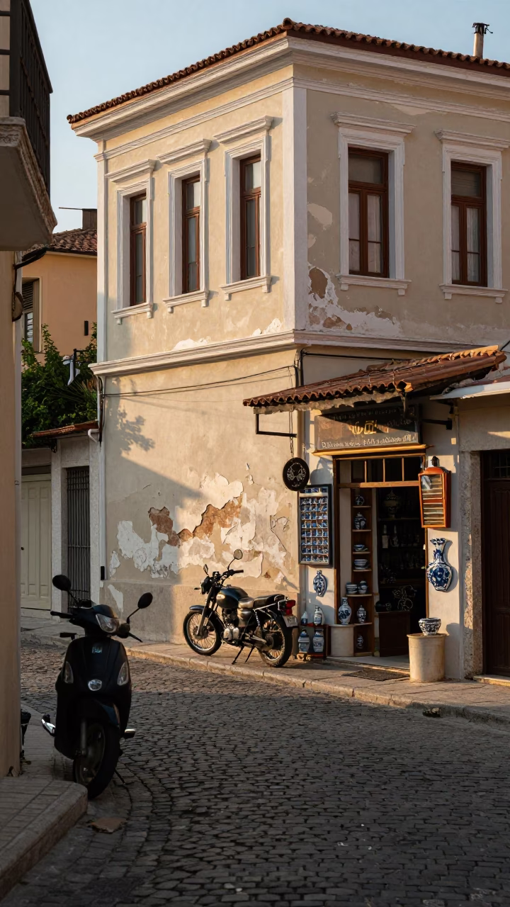 Late Afternoon Athens Street Scene with Vintage Motorcycle and Porcelain Shop Display in in Athens, Greece