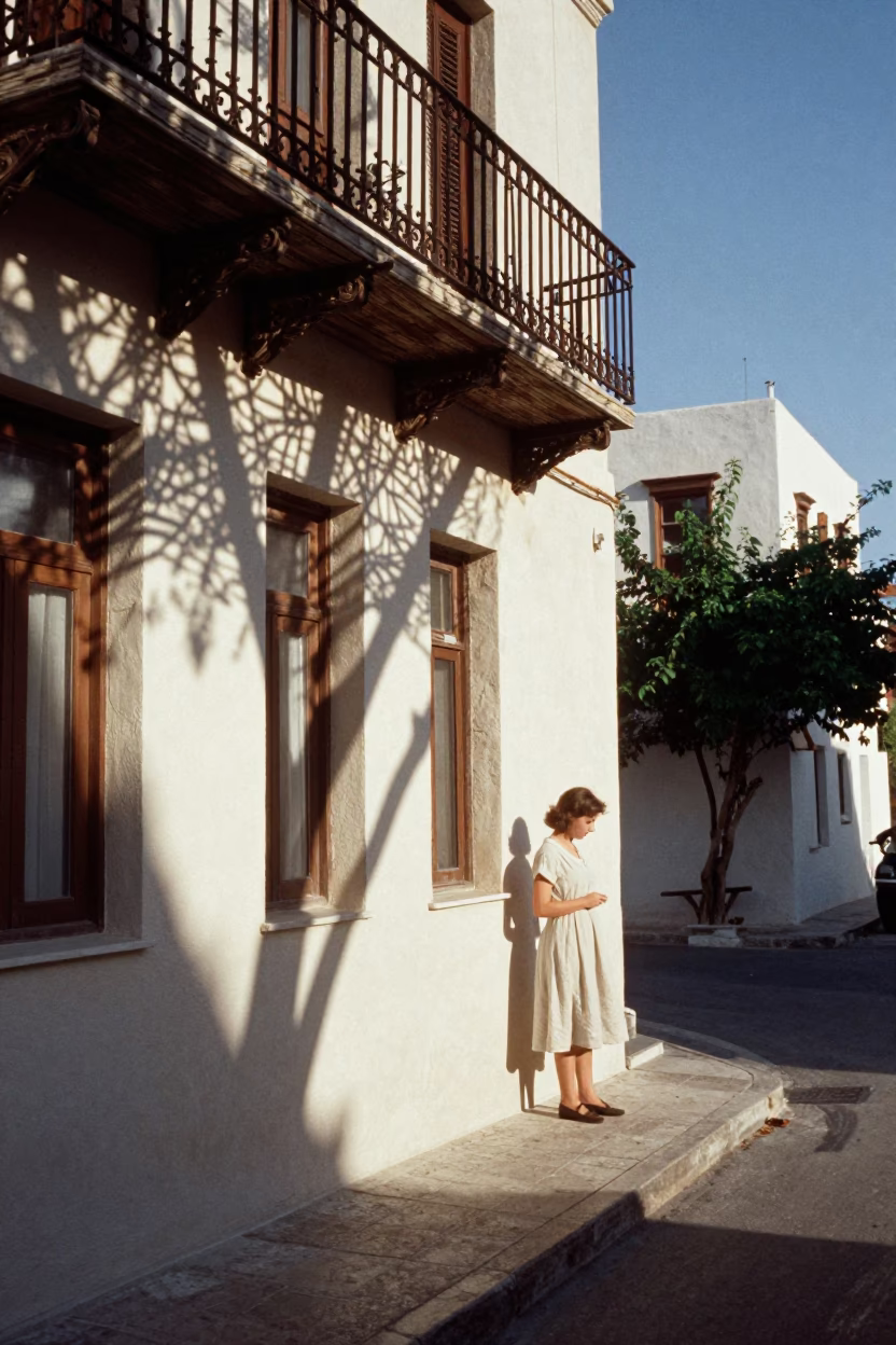 Late Afternoon Athens Street Scene with Wicker Shadows and Traditional Architecture in in Athens, Greece