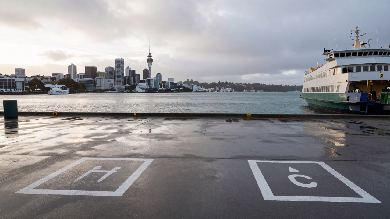Late Afternoon Auckland Harbor View with Ferry Dock Markings and Damp Concrete in in Auckland, New Zealand
