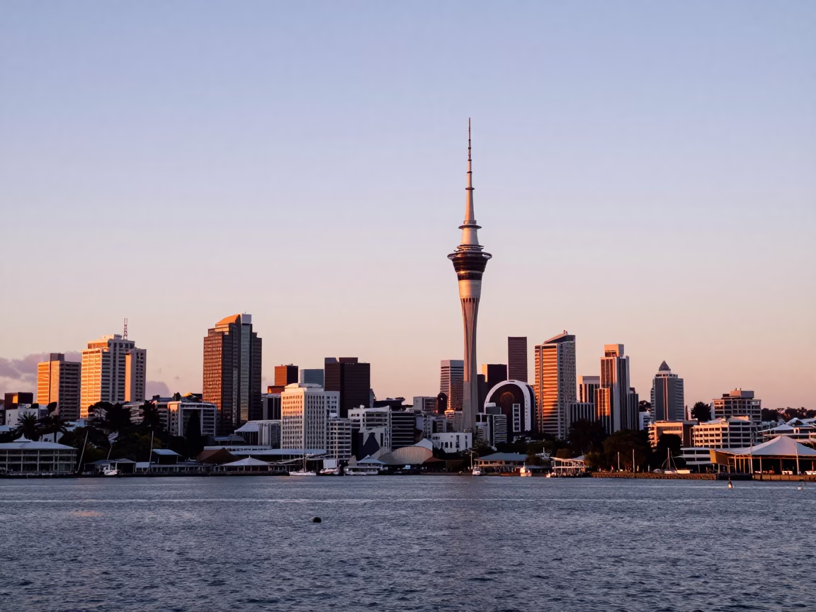 Late Afternoon Auckland Skyline and Harbor View with Distant Clouds in in Auckland, New Zealand