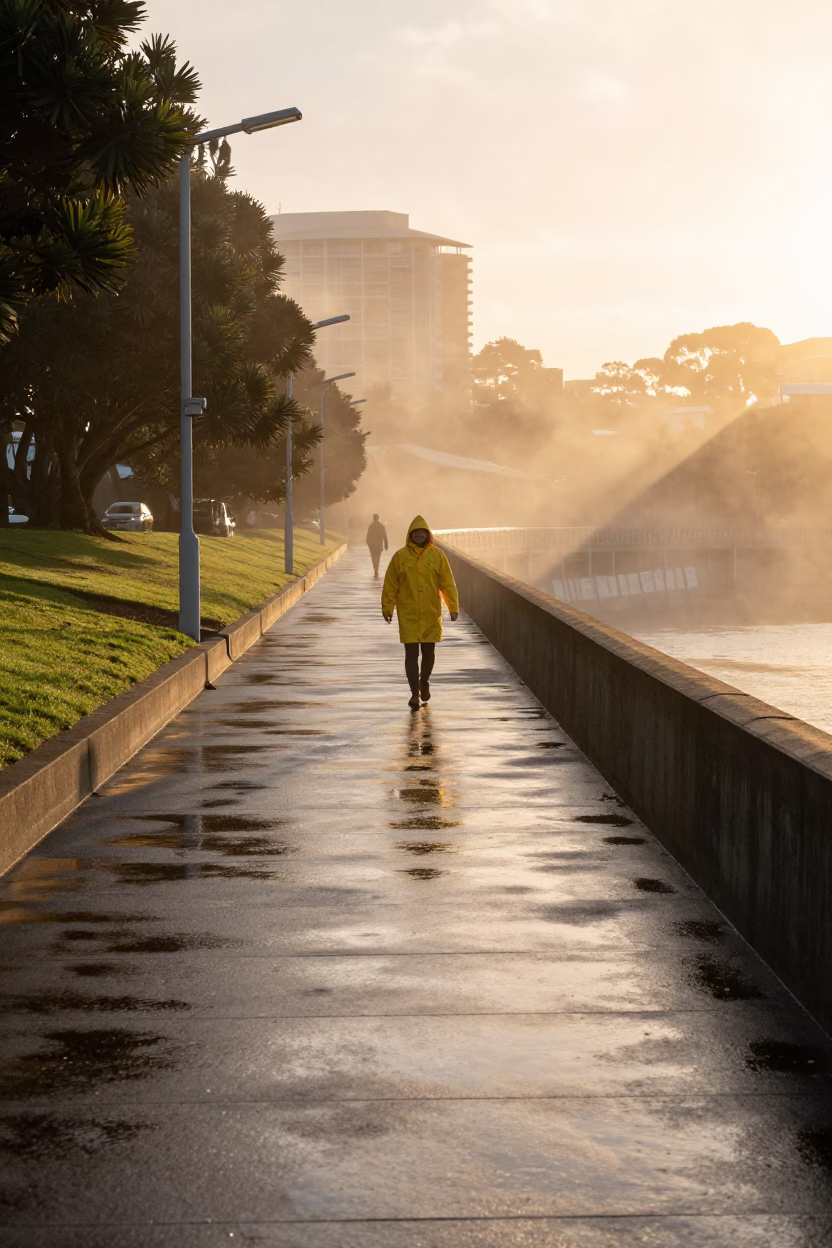 Late Afternoon Auckland Spillway Walkway Mist Golden Light Scene in in Auckland, New Zealand