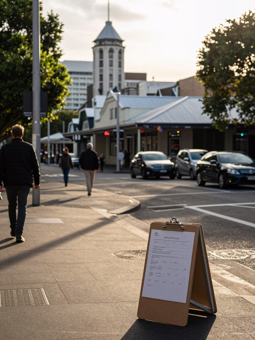 Late Afternoon Auckland Street Scene with Clipboard and Folding Tables in in Auckland, New Zealand
