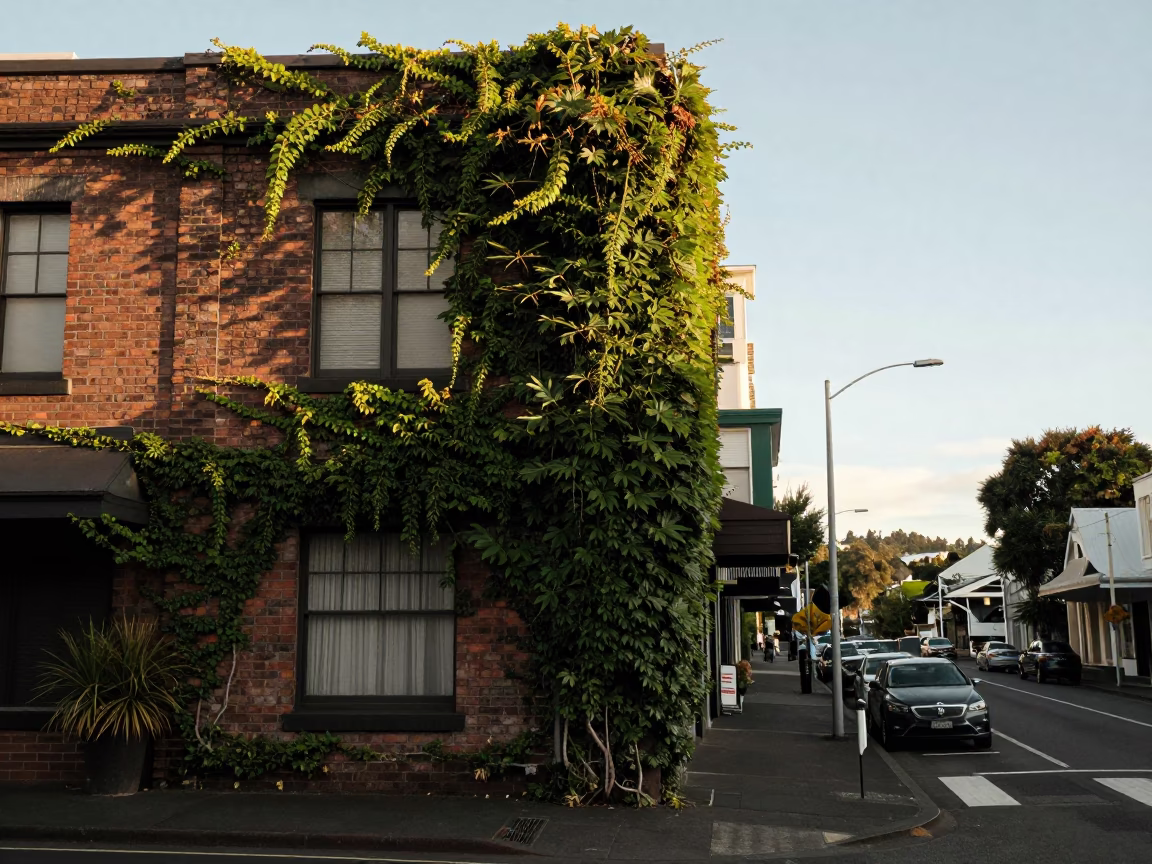 Late Afternoon Auckland Street Scene with Ivy Vines and Ferry Crossing Waitemata Harbour in in Auckland, New Zealand