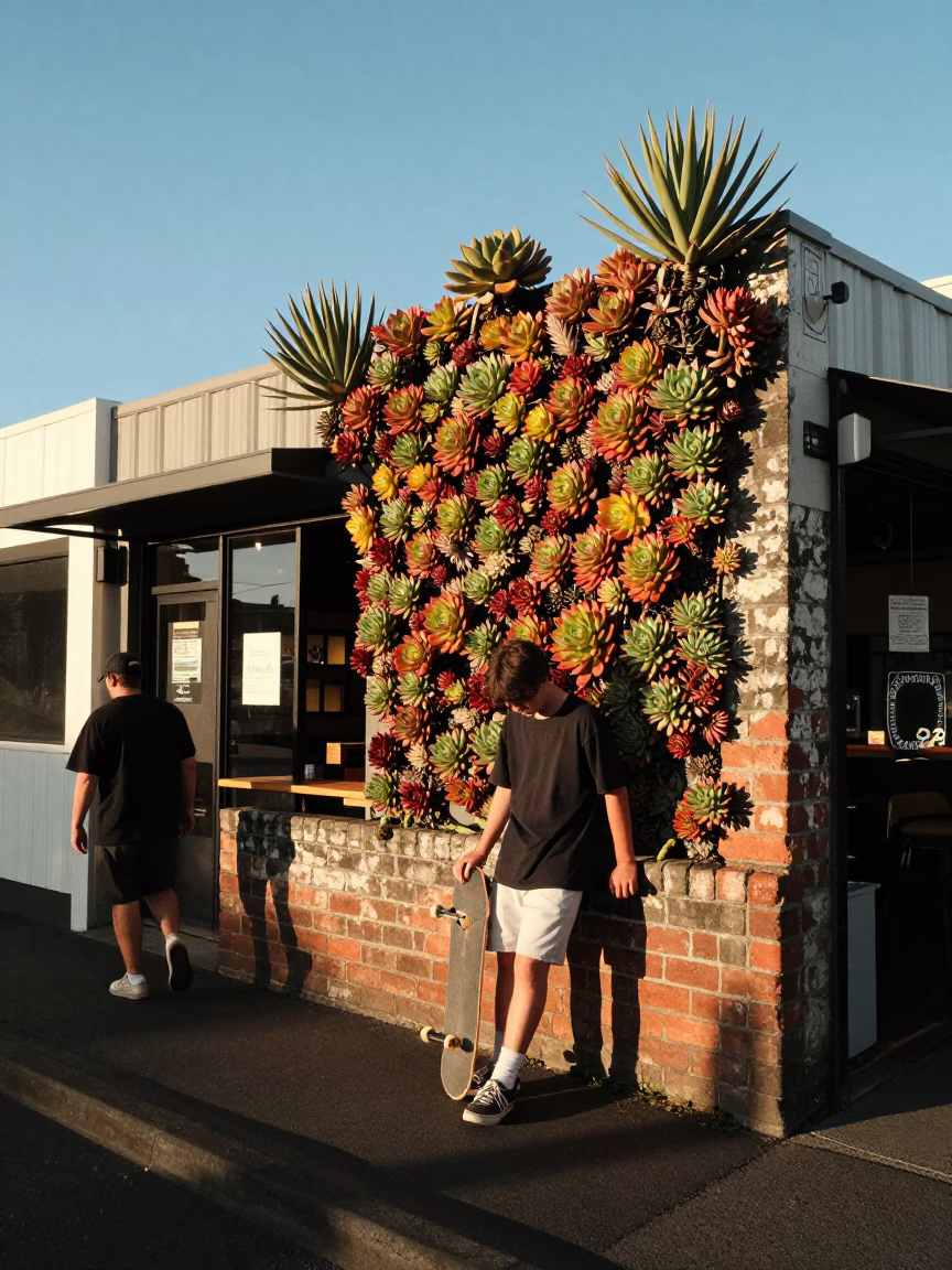 Late Afternoon Auckland Street Scene with Skateboarder and Succulent Cafe Wall in in Auckland, New Zealand