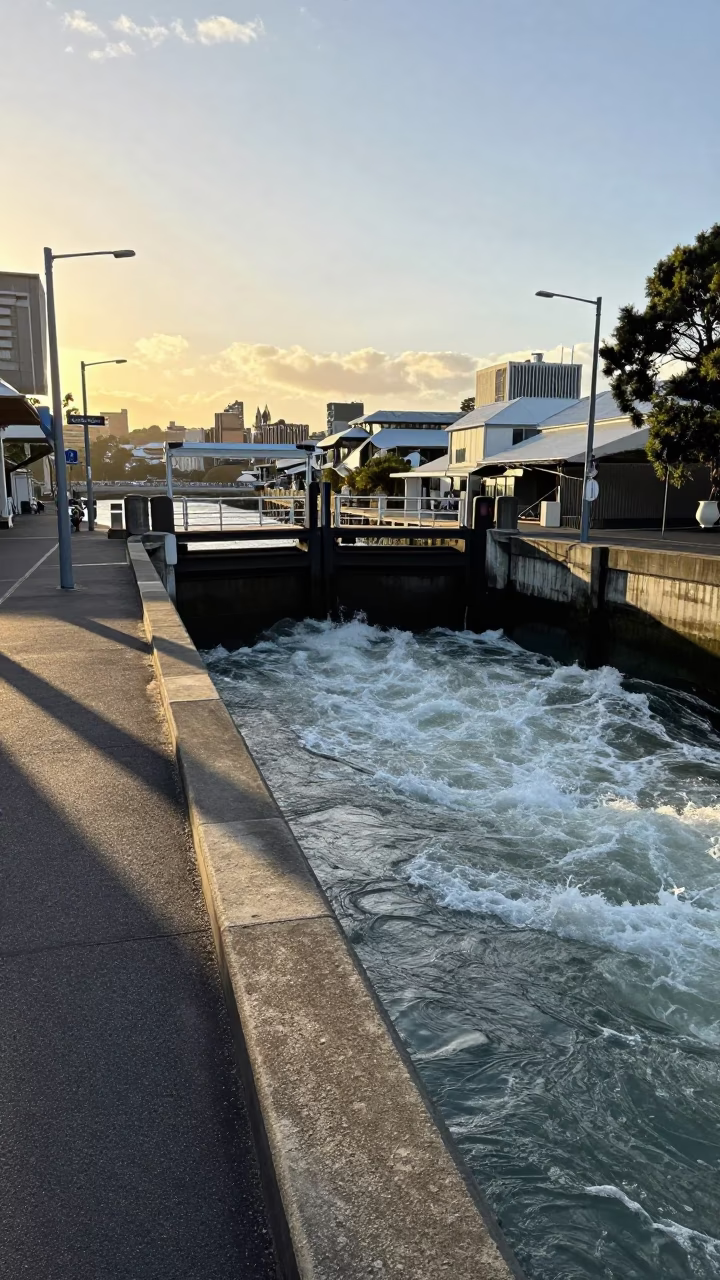 Late Afternoon Auckland Street Scene with Sluice Gate Walkway and Tea-Colored River Foam in in Auckland, New Zealand