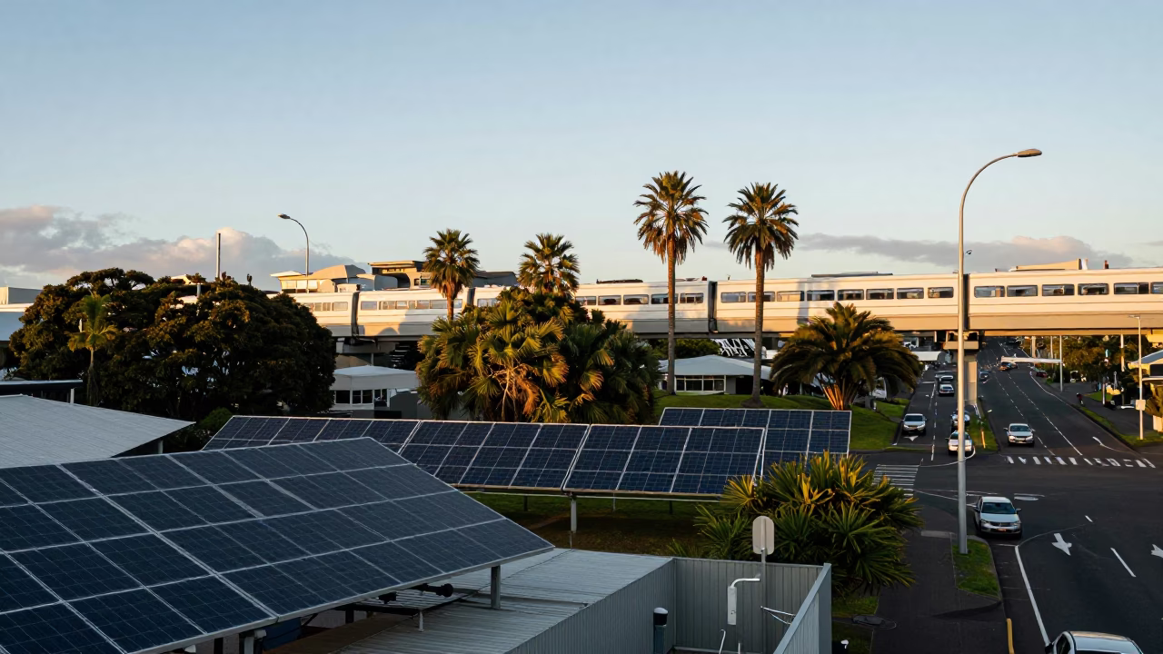 Late Afternoon Auckland Street Scene with Solar Panels and Monorail in Background in in Auckland, New Zealand
