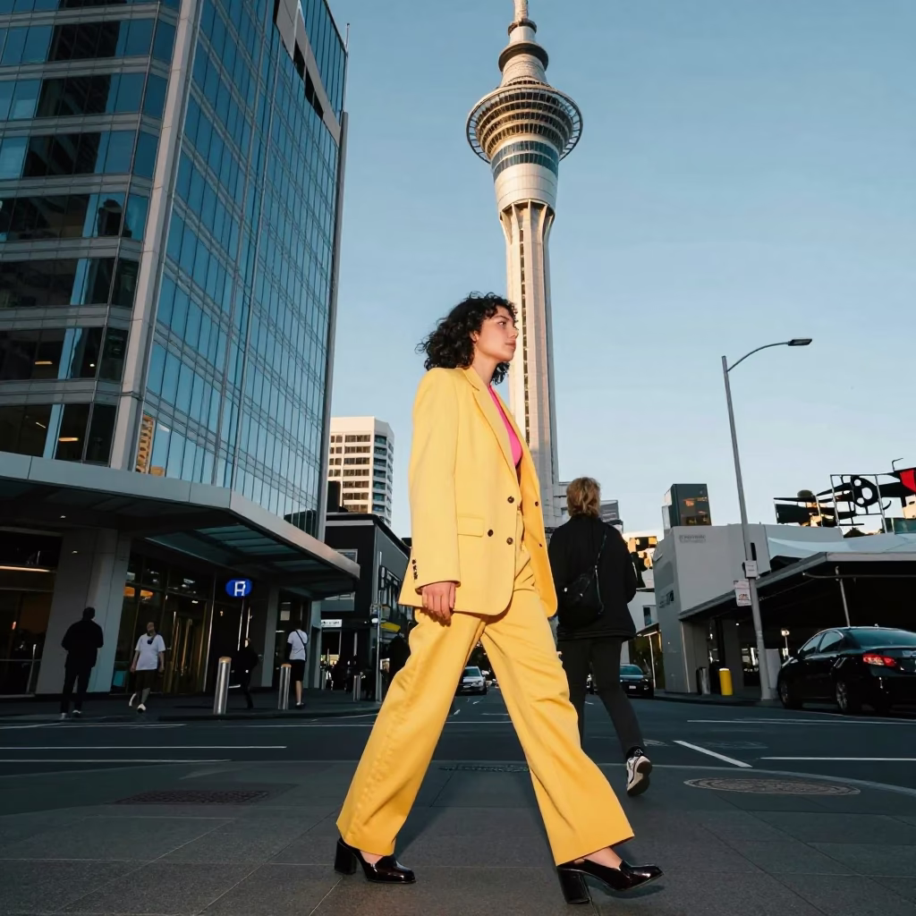 Late Afternoon Auckland Street Style Fashion Shot with Colorful Clothing and Urban Architecture in in Auckland, New Zealand