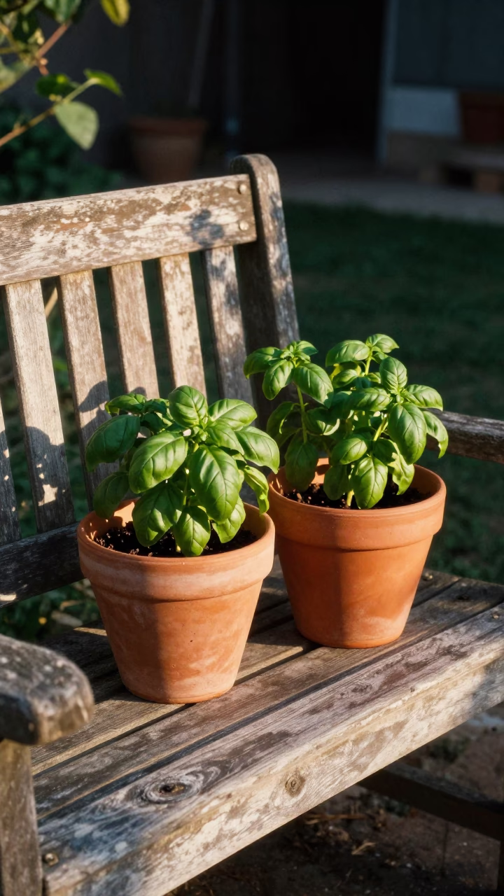 Late Afternoon Austin Texas Garden Scene with Potted Herbs and Vintage Majolica Plate in in Austin, Texas, United States