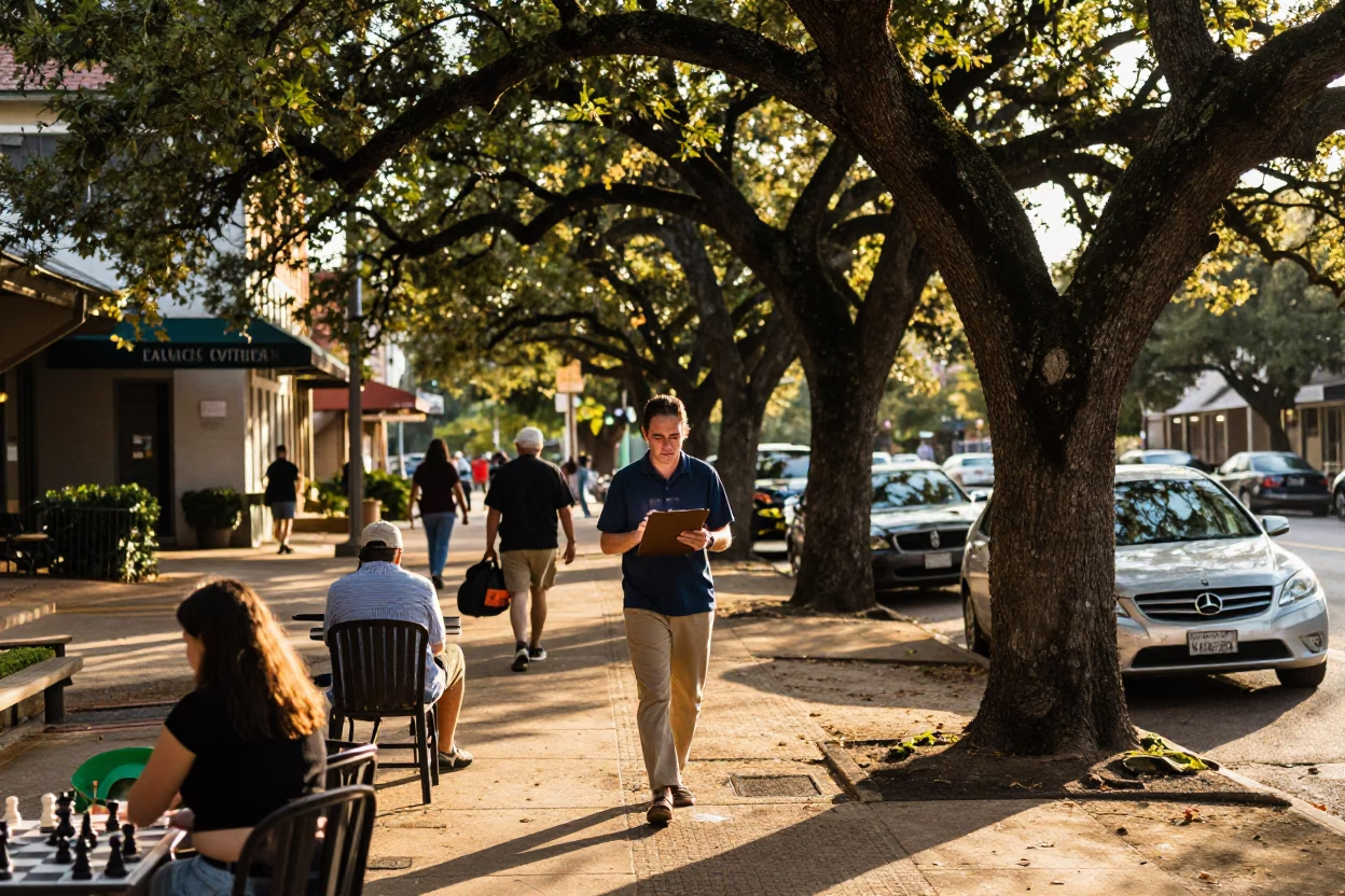 Late Afternoon Austin Texas Street Scene with Clipboard and Chess Clock in in Austin, Texas, United States