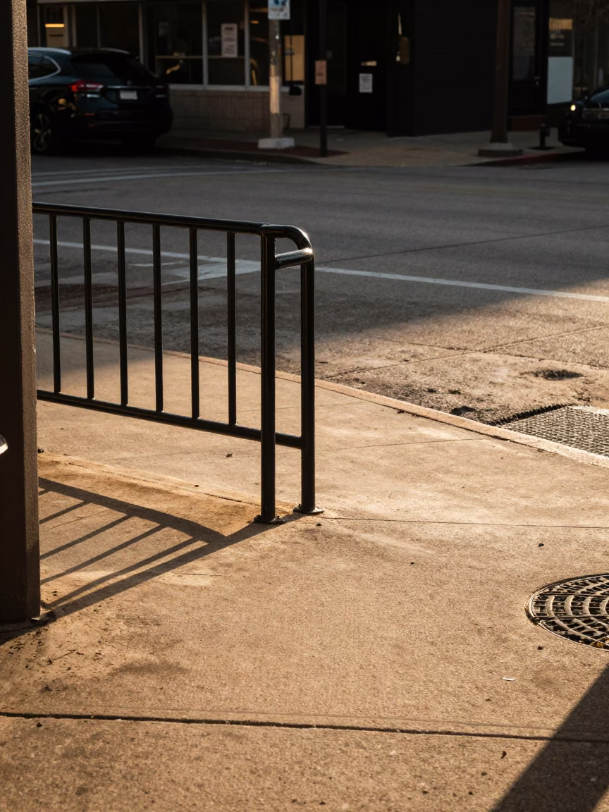Late Afternoon Austin Texas Street Scene with Metal Stair Rail and Vintage Architecture in in Austin, Texas, United States