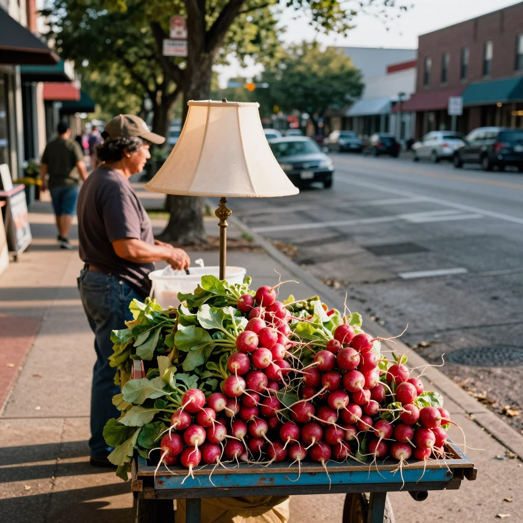 Late Afternoon Austin Texas Street Scene with Radishes and Lampshade in in Austin, Texas, United States