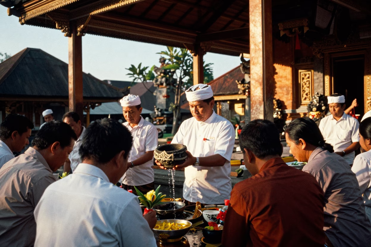 Late Afternoon Balinese Water Blessing Ceremony at Denpasar Temple with Traditional Offerings in in Denpasar, Indonesia