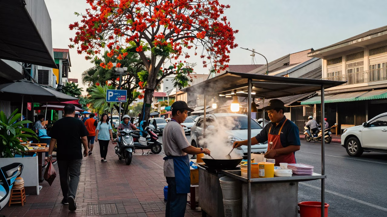 Late Afternoon Bangkok Street Scene with Flame Tree Bloom and Street Food Vendor in in Bangkok, Thailand