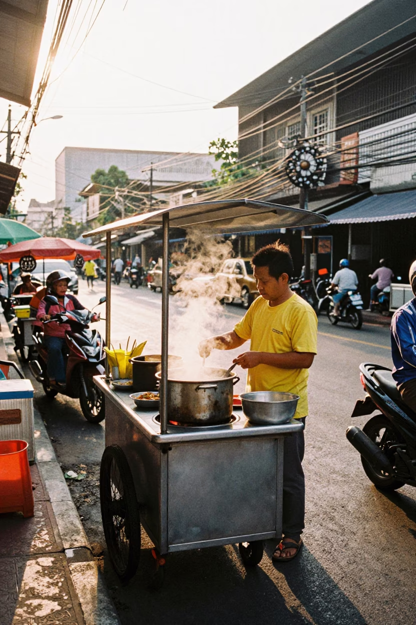 Late Afternoon Bangkok Street Scene with Food Vendor and Glass Tumbler in in Bangkok, Thailand