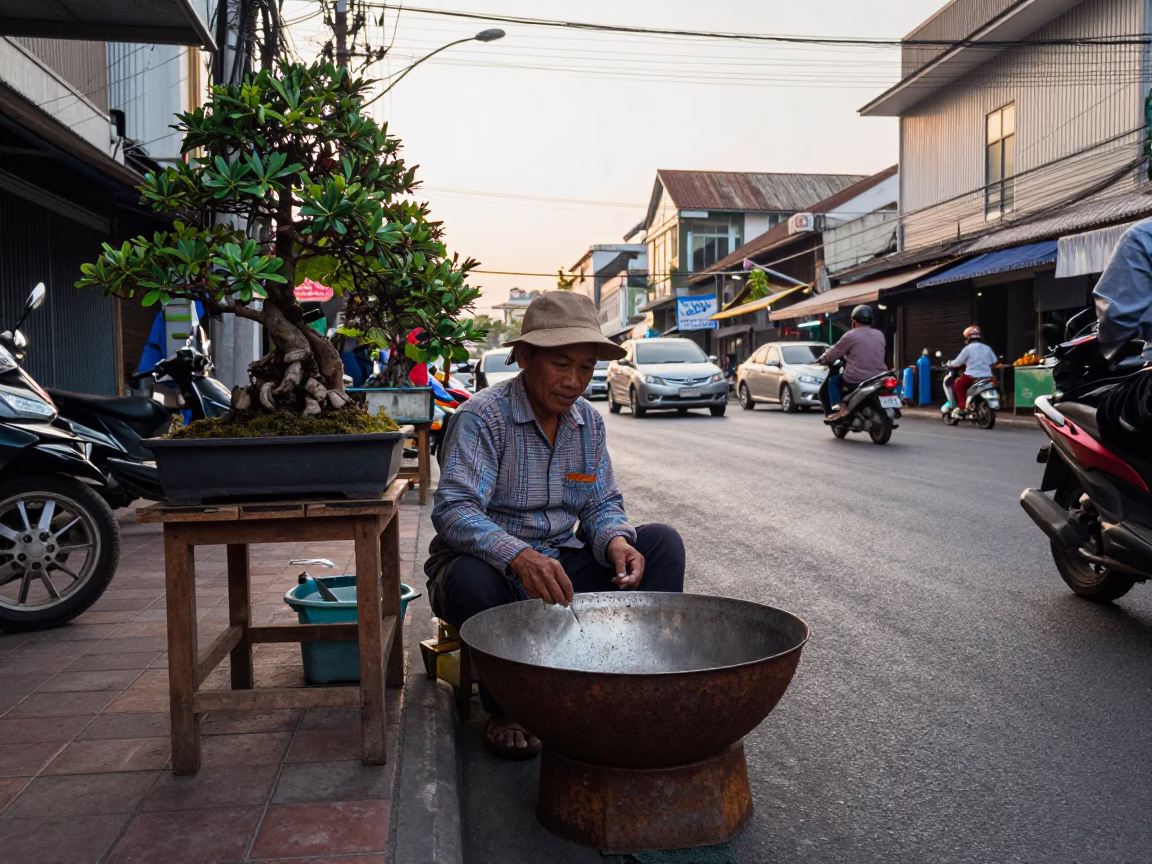 Late Afternoon Bangkok Street Scene with Rusty Metal Bowl and Woven Basket Tray in in Bangkok, Thailand