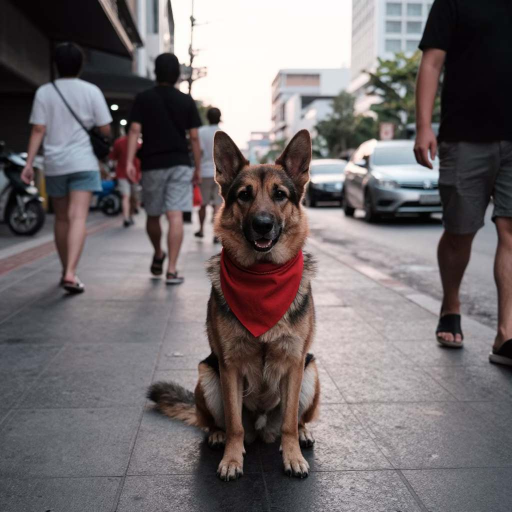 Late Afternoon Bangkok Street Scene with Scarf and Shepherd Dog Candid Moment in in Bangkok, Thailand