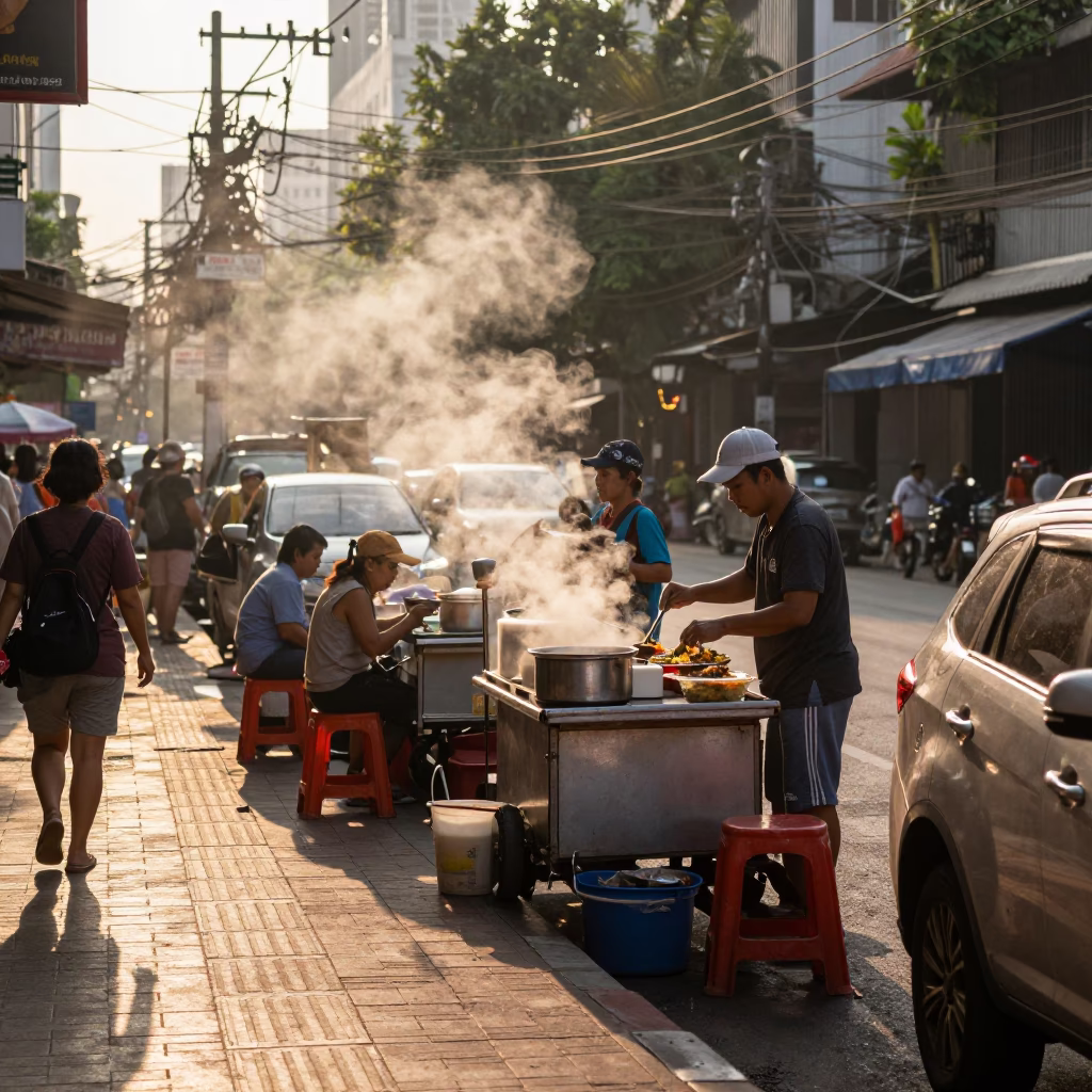 Late Afternoon Bangkok Street Scene with Steam Haze and Local Market Activity in in Bangkok, Thailand