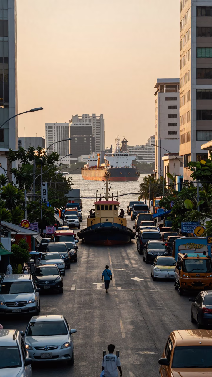 Late Afternoon Bangkok Street Scene with Tugboat Fleet Guiding Tanker at Night in in Bangkok, Thailand