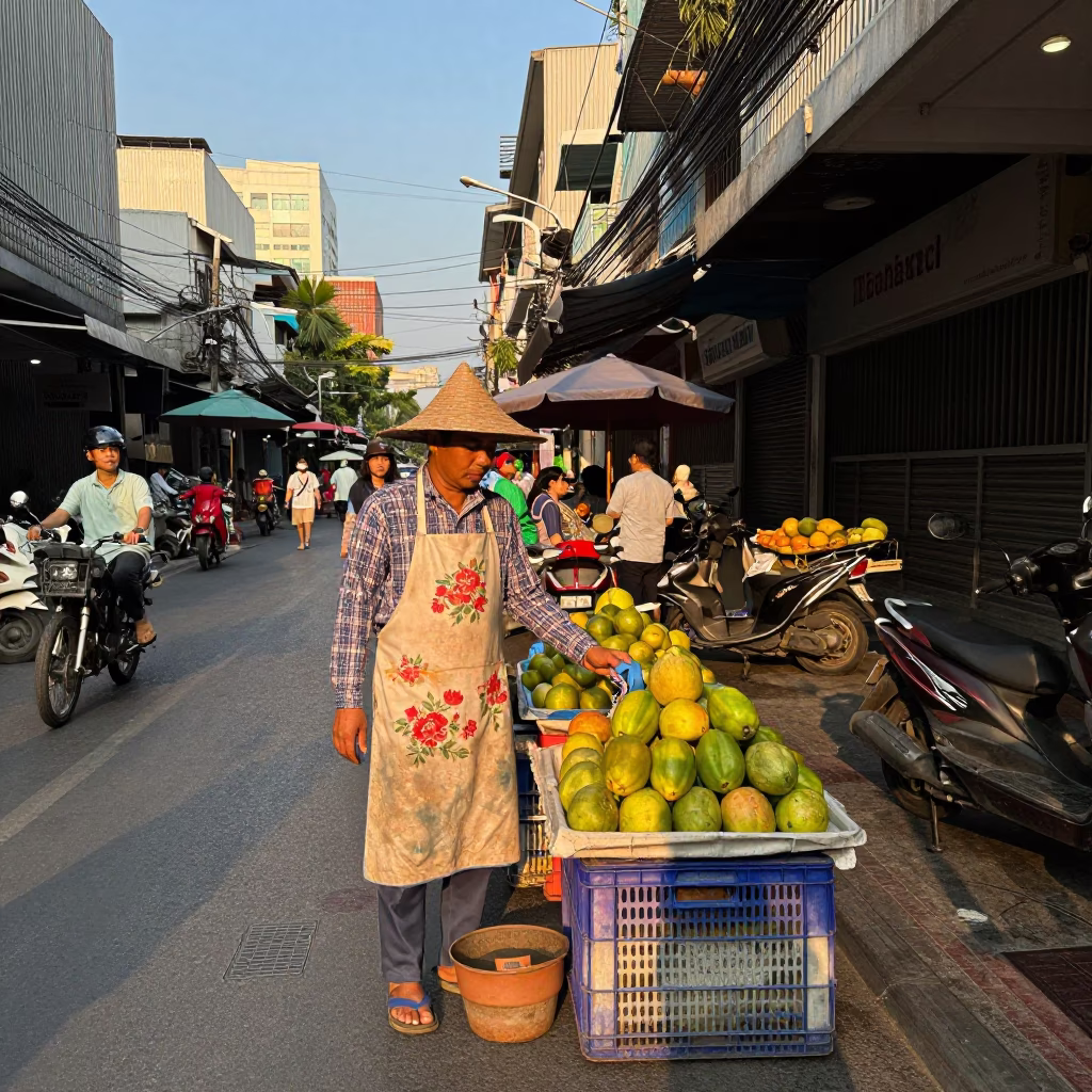 Late Afternoon Bangkok Street Scene with Vendor Apron and Fruit Crate in in Bangkok, Thailand