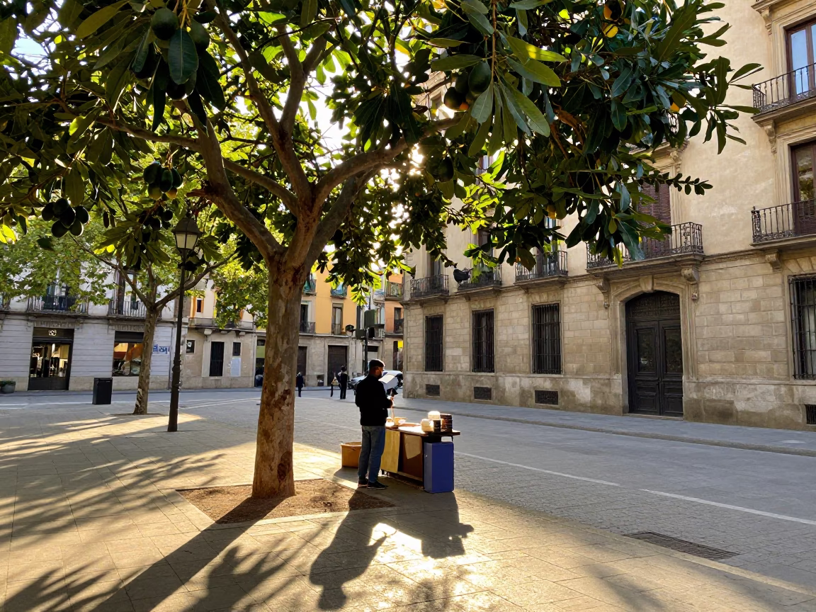 Late Afternoon Barcelona Street Scene with Avocado Tree and Local Interaction in in Barcelona, Spain