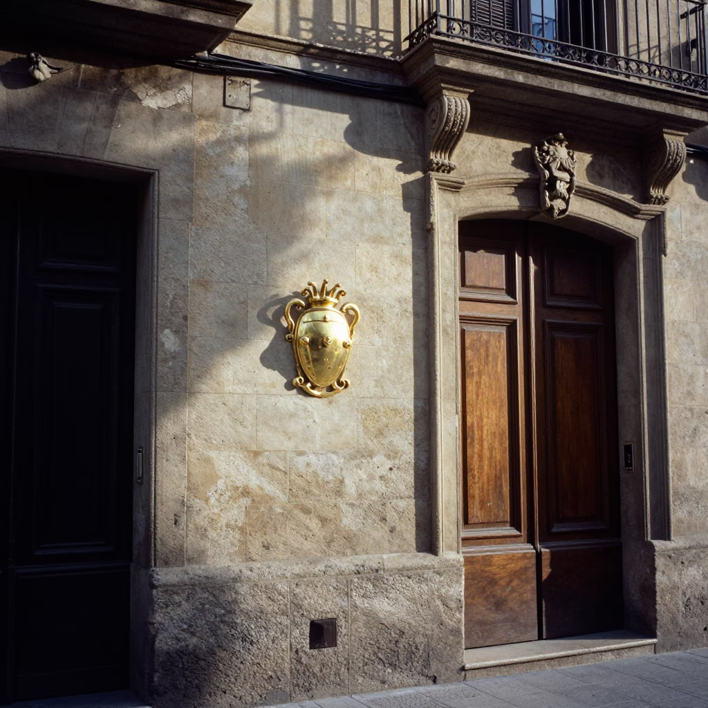 Late Afternoon Barcelona Street Scene with Brass Escutcheon and Pedestrians in in Barcelona, Spain