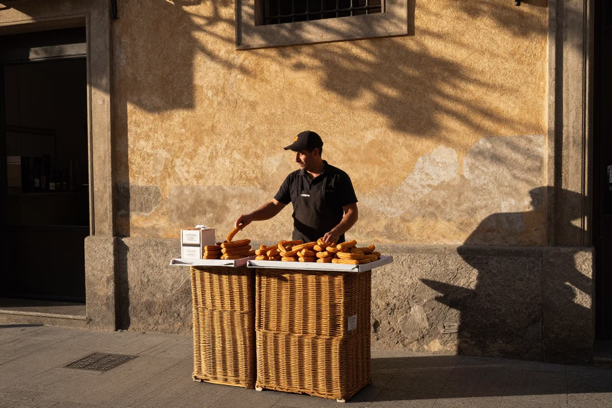Late Afternoon Barcelona Street Scene with Churros and Wicker Shadows in in Barcelona, Spain