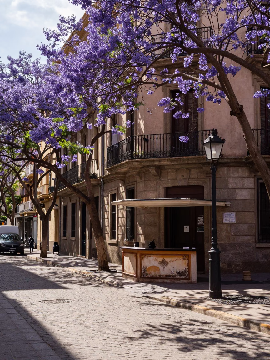 Late Afternoon Barcelona Street Scene with Jacaranda Tree and Vintage Bakelite Telephone in in Barcelona, Spain