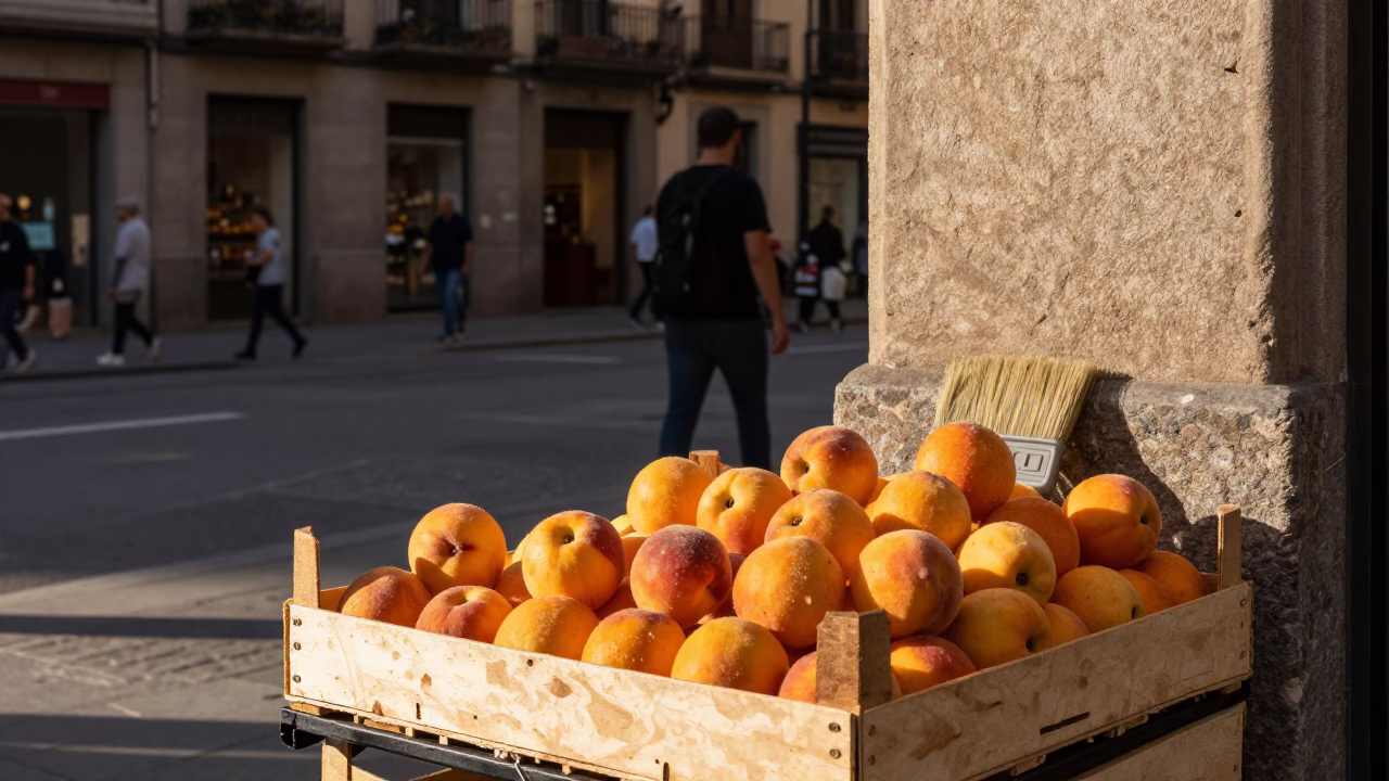 Late Afternoon Barcelona Street Scene with Nectarines and Brushed Steel Sill Edge in in Barcelona, Spain
