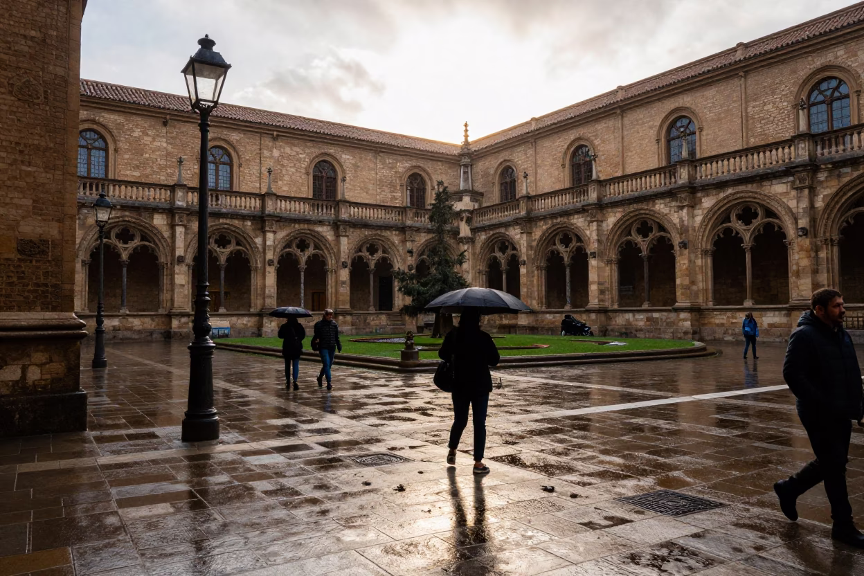 Late Afternoon Barcelona Street Scene with University Cloister Wet Flagstones in in Barcelona, Spain