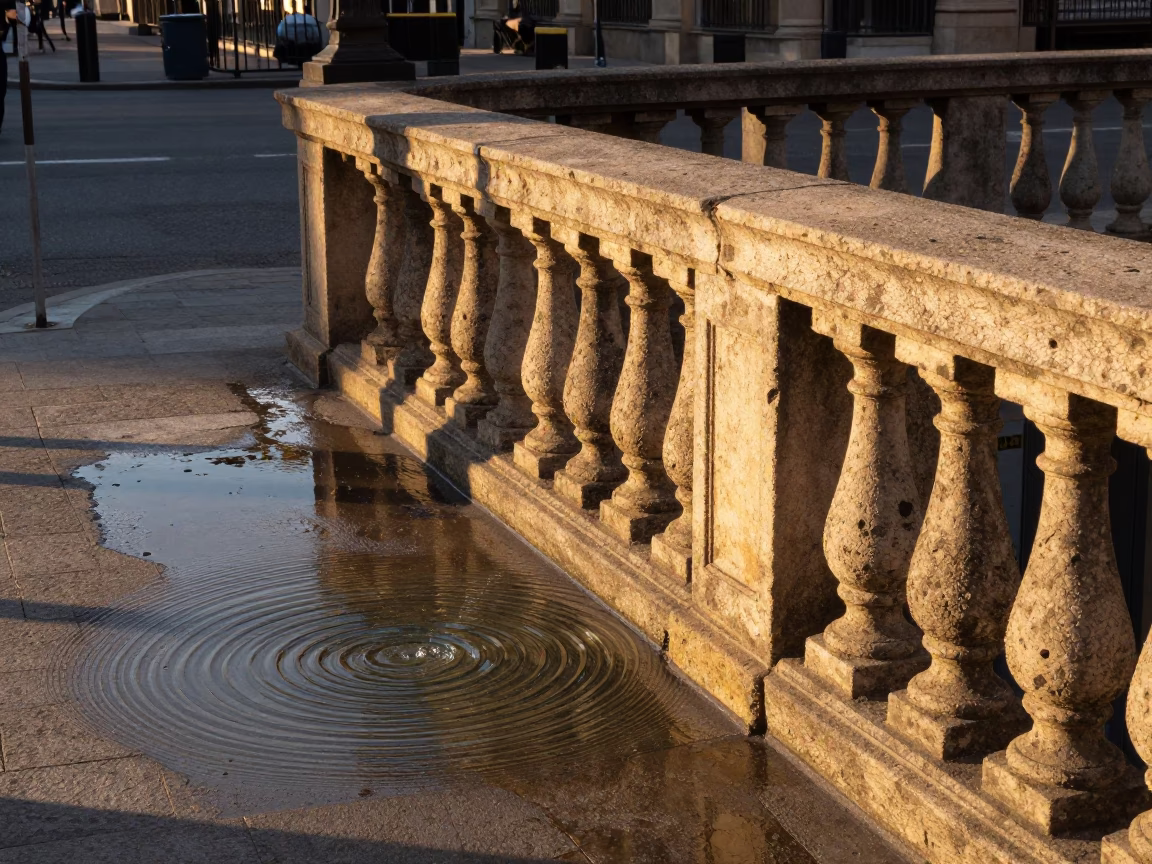 Late Afternoon Barcelona Street Scene with Water Rings on Rail and Local Life in in Barcelona, Spain